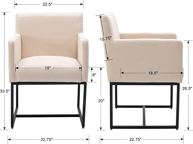 Linen Upholstered Dining Chairs with Arms Set of 2, Mid Century Modern Kitchen Chairs with Black Metal Frame Accent Armchairs Padded, Cream
