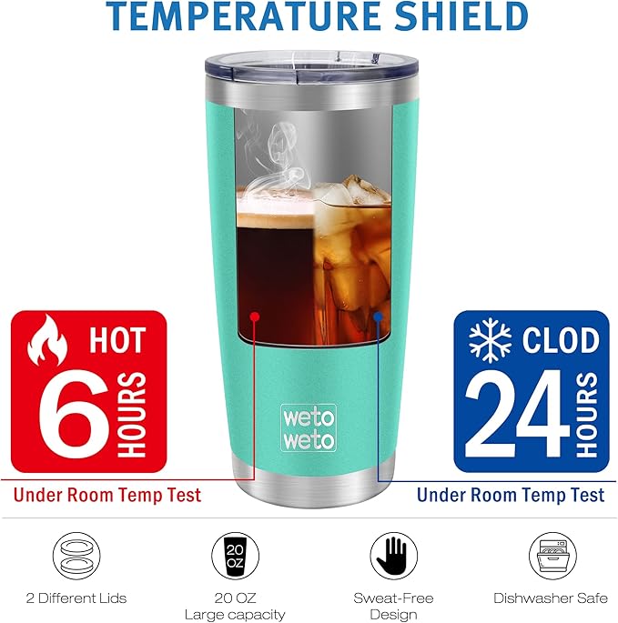 WETOWETO 20oz Tumbler with 2 lids and 2 straws, Stainless Steel Vacuum Insulated Coffee Tumbler Cup, Double Wall Powder Coated Travel Mug (Cyan, 1 Pack)