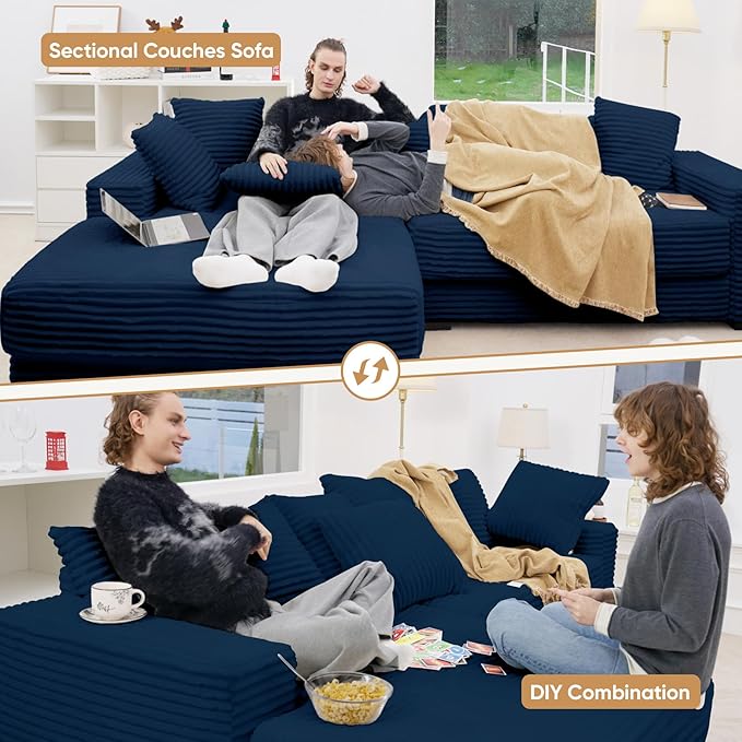 111'' Sectional Sofa Couches with L-Shape Chaise, Extra Large Sleeper Couch Reversible Corduroy Chaise with 8 pcs Pillow for Living Room, Bedroom