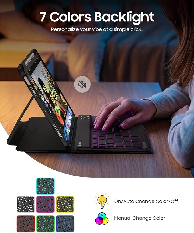 Fintie Rotating Keyboard Case for iPad Air 11-inch iPad Air 5/4 Black | 7 Colors Backlit Detachable Magnetic Wireless Bluetooth Keyboard Soft TPU Back Cover Fit iPad Air 5/4th Generation 10.9 in