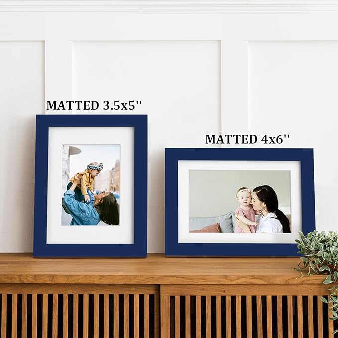 Egofine 5x7 Picture Frame Made of Solid Wood,Covered by Plexiglass Display Pictures 3.5x5/4x6 with Mat or 5x7 Without Mat for Table Top Display and Wall Mounting Photo Frame, Navy Blue