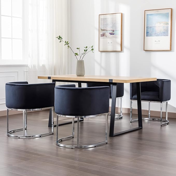 Velvet Dining Chairs Set of 3 Modern Barrel Arm Chairs with Chrome Metal Frame, Upholstered Kitchen Chairs 18.5" Wide Accent Chairs for Living Room Dining Room Restaurant, Black