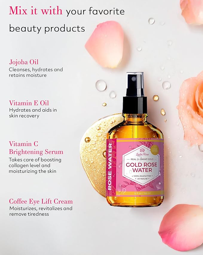 24 Karat Gold Rose Water Toner by Leven Rose Natural Moroccan 24K Rosewater Toner 4 oz
