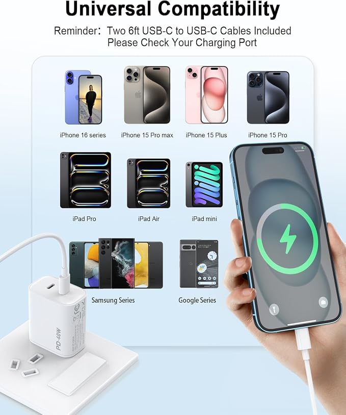 iPhone 17 16 15 Charger 4 Pack 40W USB C Charger Dual Port Fast Charging Block (4-Pack 6 ft USB C to C Cable Cord Included) for iPhone 17 16 15 Pro Max/15Pro/15/15PlusiPad | USB C Charger Fast Charg