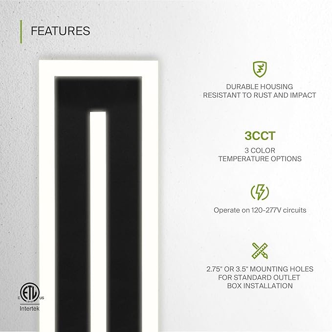 ASD LED 18" Long Wall Mount Light Fixture, Outdoor & Indoor Linear Sconce | 3CCT, Dimmable, Waterproof, Anti-Rust, ETL Listed | 18W 1180LM 3000-5000K 100-277V | Exterior Porch Lighting | Black, 2 Pack