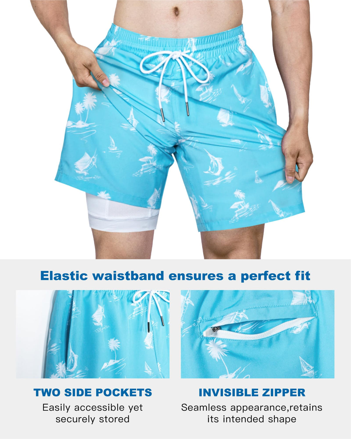 SURF CUZ Mens Swim Trunks with Compression Liner Quick Dry Swim Shorts 7" Swimming Trunks Stretch Bathing Suit 7 Inch,Marlin Leap,XS