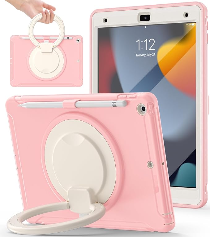 BATYUE Shockproof Case for iPad 9th 8th 7th Gen 10.2 Inch Black | 3in1 PC+TPU Heavy Duty 360° Rotatable Ring Stand for Grip Carry Hang &amp Multi-Angle View Screen Protector Pencil Holder