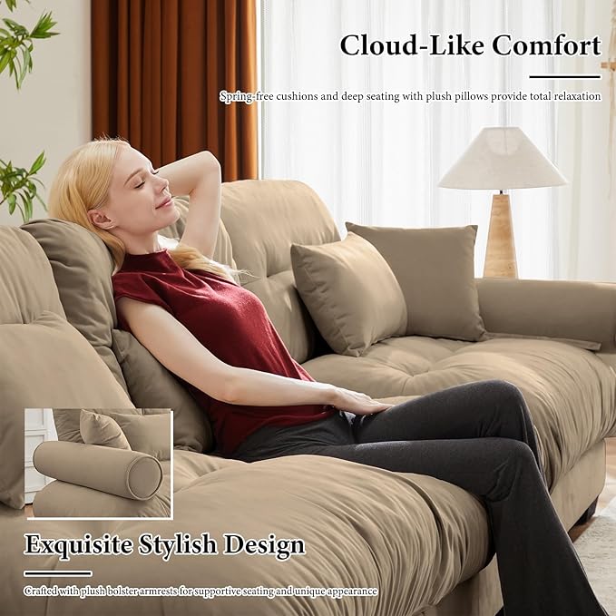 166" Oversized Camel Velvet Cloud Couch - 4 Seater Modular Sectional Sofa with 6 Pillows, Deep Seat for Living Room
