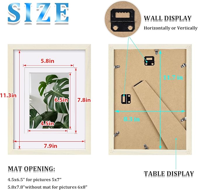 Egofine A4 Picture Frame Made of Solid Wood with Plexiglass, Display Pictures 4x6/6x8 with Mat or A4 Without Mat for Tabletop and Wall Mounting, Beige