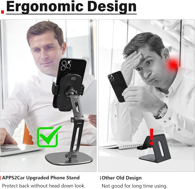 APPS2Car Phone Stand for Desk Adjustable Cell Phone Holder for Office | Triple-Clamp Phone Holder Height-Adjustable Folding Arm 360° Rotation Anti-Slip Base Fits Cases up to 20mm