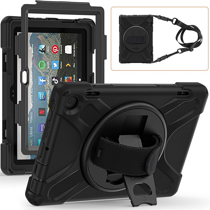 Rugged Case for Amazon-Kindle-Fire-HD-8 &amp 8 Plus Tablet (12th Generation 2022) 8“ w/ 360° Rotating Hands-Free Kickstand Full Body Armor Heavy Duty Shock-Proof Cover w/Hand/Shoulder Strap(Black)