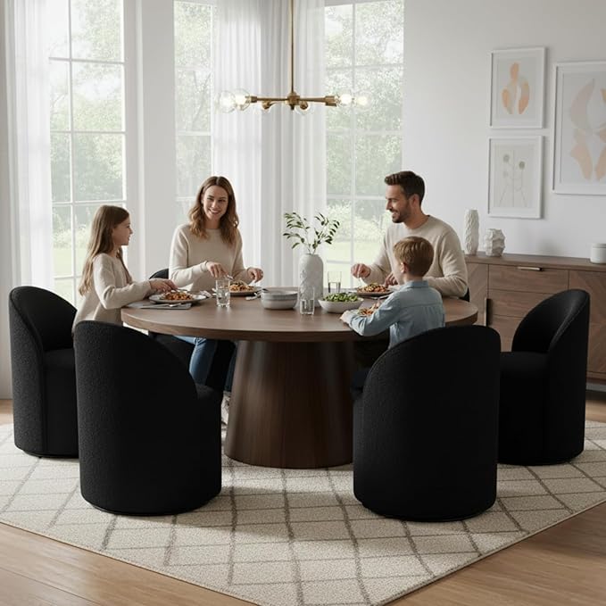 Modern Barrel Chair Swivel Base Black Sherpa Accent Chair 360°Rotating Vanity Chair Mid-Century Dining Side Chair Kitchen Chair for Living Room, Bedroom, Home, Office, Kitchen