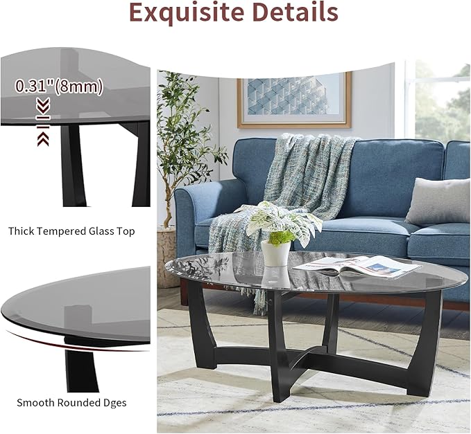 LKTART 48" Oval Glass Coffee Table with Black Tempered Glass Top Cross and Solid Wood Base Simple & Modern Center Table for Living Room Office Apartment Black