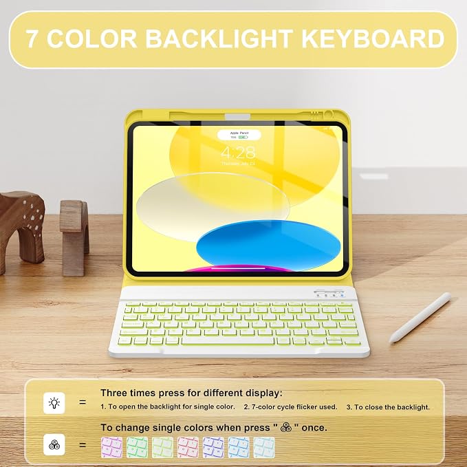 Soke for iPad (A16) 11th/10th Gen Case with Keyboard Black Marble | For iPad 11/10.9 inch(2025/2022) 7 Color Backlight Magnetic wireless Detachable Keyboard Case Built-in Pencil Holder