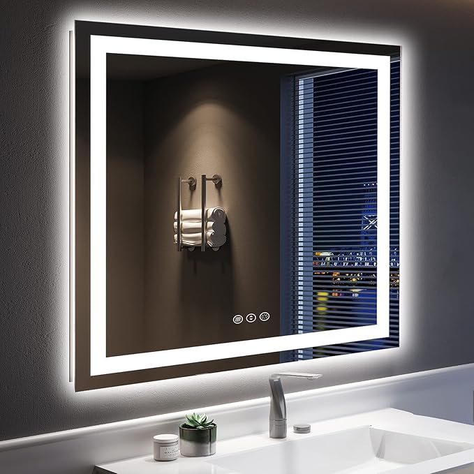 YEELAIT 36x36 Inch LED Bathroom Mirror with Lights Front and Backlit Lighted Vanity Mirror for Bathroom Wall with 3 Colors Dimmable Anti-Fog Memory Shatter-Proof IP54 Waterproof Horizontal/Vertical