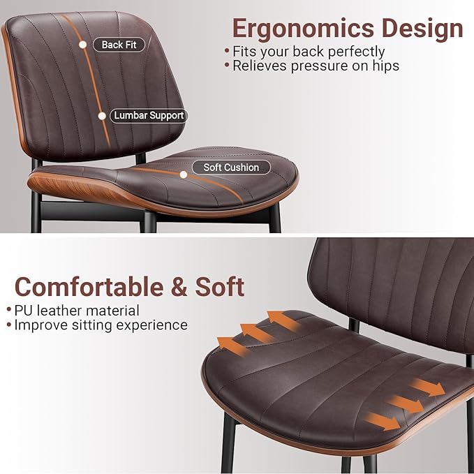 Dining Chairs Set of 2, Dining Room and Kitchen Chairs, Mid Century Modern Accent Chair, Upholstered PU Leather Chairs for Vanity with Walnut Bentwood and Metal Legs, Brown