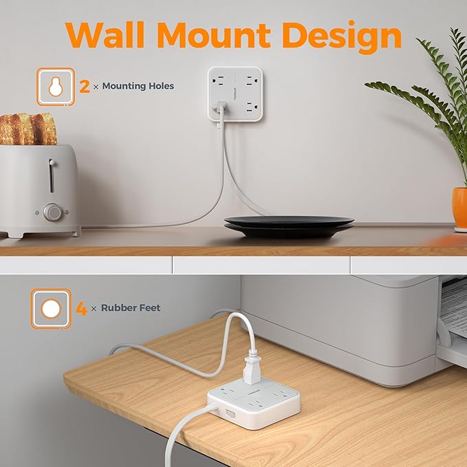 TESSAN Surge Protector Power Strip, 5 Ft Flat Plug Extension Cord with 4 Outlets 3 USB C Ports (1 USB C),900 Joules, 1875W 15A, Multiple Wall Outlet Extender Suitable for Office, Dorm Room Essentials