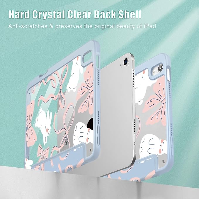 Case for iPad mini (A17 Pro 7th Generation) 2024/iPad Mini (6th Gen) 8.3 Inch with [Built-in Pencil Holder] Shockproof Cover with Clear Transparent Back Shell &amp Auto Wake/Sleep - Blue Bows