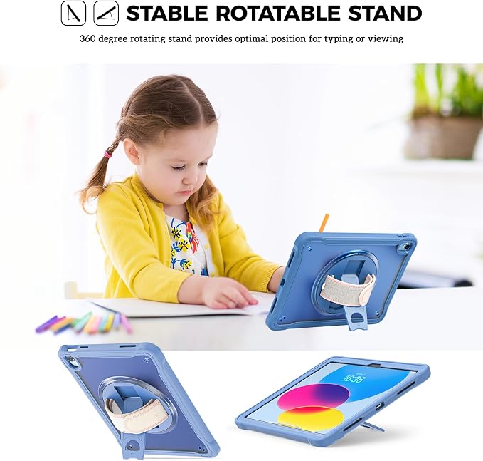 ProCase Rugged Case for iPad A16 11th Gen 2025/iPad 10th Gen 2022 -Black | Heavy Duty Shockproof Rugged Kids Cover with Hand Strap 360 Degree Rotatable Kickstand Protective for iPad 11/10