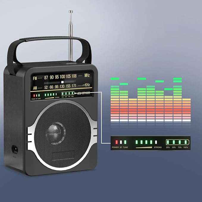 JEUJUG Portable AM FM Radio, Bluetooth 5.0 Radios 5 Watts Loud Speaker,FM Radio Built-in Rechargeable Battery/DC D*4 Cell Battery Operated & AC Power Plug in Wall Black