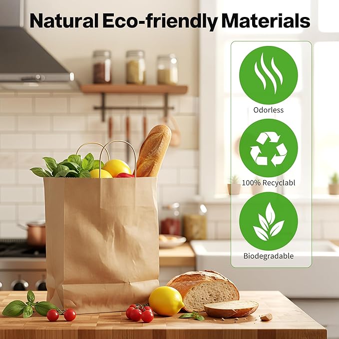 Simple Deluxe 50-Pack Kraft Paper Bags with Handles (10x5x13 Inch) - 100% Recycled Natural Brown Shopping Bags for Retail, Gifts & Merchandise - Made in USA, 90GSM Thick