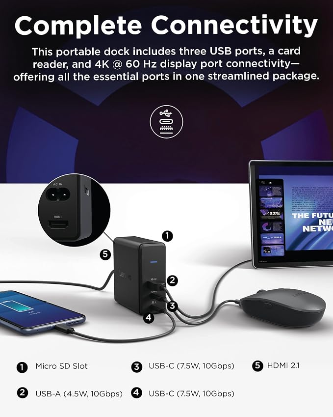 Lenovo USB-C Slim Travel Dock 8 Ports Up to 65W PD Pass Through Integrated USB-C Cable 4K Display Support Black