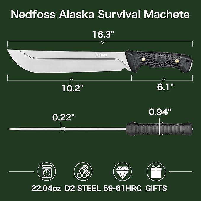 NedFoss 16" Survival Machete with Sheath, D2 Steel 0.22" Thick Full Tang Blade Machete Knife with Flat Grinding, Machete for Cutting Trees, for Yard Work, Clearing Brush with TPE Handle