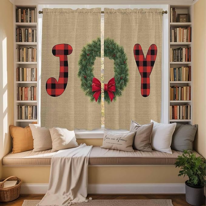 Red Green Christmas Window Curtains 63 Inch Long 2 Panel Set, Rod Pocket