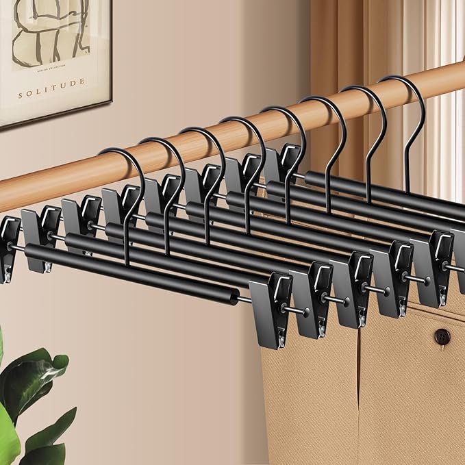 Wooden Pants Hangers with Clips 10 Pack Adjustable Wood Skirt Hangers for Women&Men Space Saving Closet Non Slip Clothes Hanger for Jeans,Trousers,Short,12Inch Black
