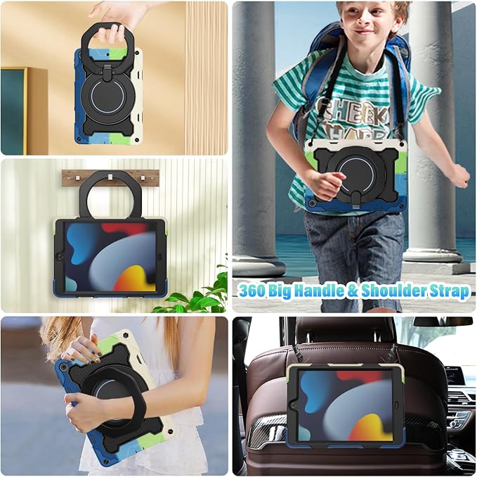 for iPad 9th 8th 7th Generation Case(iPad 10.2 inch) for Kids | 15ft Drop Protection Rugged with 360 Kickstand Handle Shoulder Strap，HD Screen Protector，Shockproof (2021/2020/2019 Release)