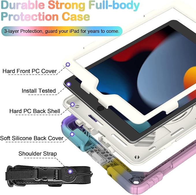BMOUO for iPad 9th/8th/7th Generation Case 10.2 Black | Shockproof Rotating Stand Shoulder Hand Strap iPad 9th/8th/7th Generation Case with Pen Holder for iPad 10.2“ 2021/2020/2019