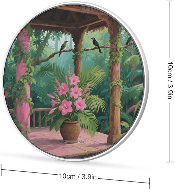 Tropical Flowers Palm Leaves Wireless Charger with USB CableAluminum Alloy Frame 10W Max Compatible Fast Wireless Charging Pad- 3.2ft Cable Included for Travel Home Office Desk