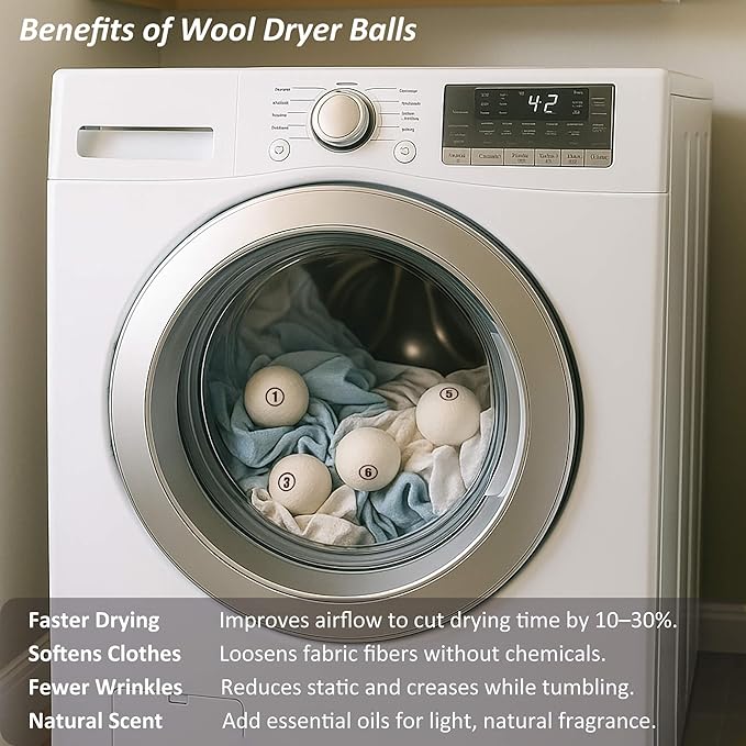 Sheep Wool Dryer Balls 6 Pack XXL(3.1") Premium Natural Fabric Softener, Reusable Laundry Dryer Balls for Reducing Drying Time, Static and Wrinkles, Eco-Friendly – 100% New Zealand Wool