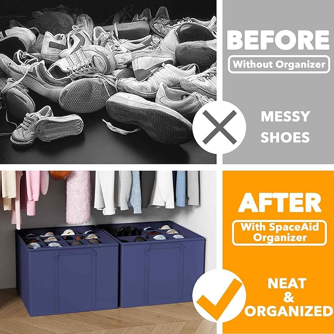SpaceAid Shoe Organizer for Closet, 2 Pack Foldable Shoe Storage Containers Baskets Boxes Bins w/Adjustable Dividers, Fits 16-32 Pairs, Blue