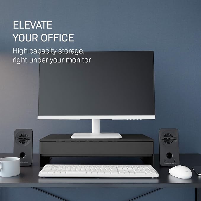 YAMAZAKI Home Tower Monitor Stand With Drawer – Monitor Riser With Storage, Desk Monitor Stand With Cable Management, Gaming Organizer, Steel, Black - Steel