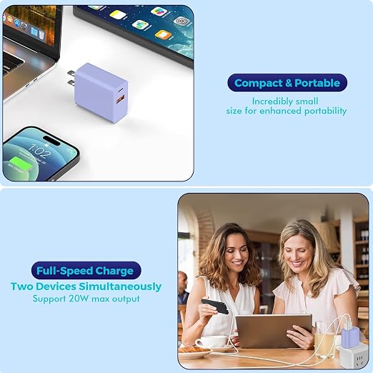 10FT iPhone 17/16e Fast Charger2Pack 20W Dual Port USB A+C QC Apple Adapter with 10 Foot USB C to C Fast Charging Cable Cord for iPhone 17Air/17Pro/17Pro Max/16/16Pro/15/15Pro/Pro Max/Plus(Blue/Pink)
