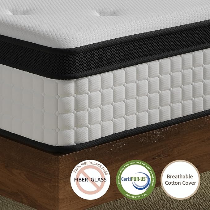 Queen Size Mattress 12 Inch Deluxe Hybrid Mattresses without Fiberglass , Medium Firm with Cooling Gel Memory Foam and Pocket Coil for Pressure Relief , Motion Isolation , Edge Support , CertiPUR-US