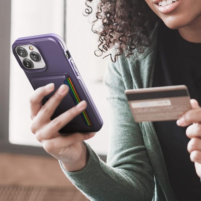 ENCASED Protective Wallet Case Designed for iPhone 14 Pro Max with Card Holder and Screen Protector (4 Credit Cards/IDs) - Purple