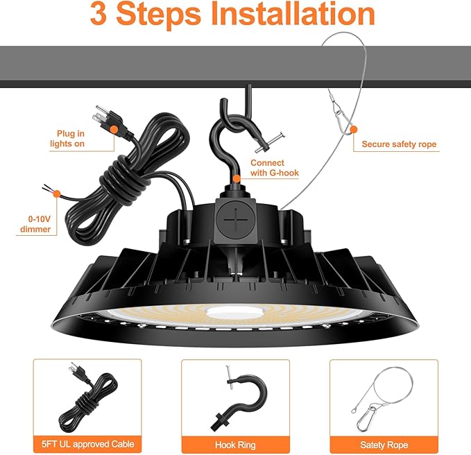 9Pack LED High Bay Lights, 200W UFO High Bay LED Shop Lights, 30000LM Adjustable CCT(5700K 5000K 4500K) & Power(200W 150W 100W), 0-10V Dimmable, 5' Cable Plug, IP65 Waterproof, ETL & DLC Listed