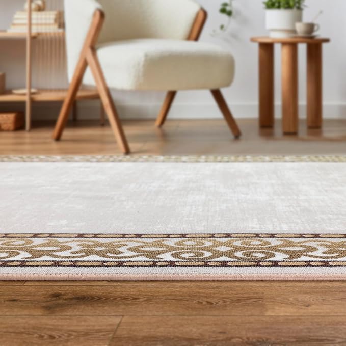 Antep Rugs Alfombras Bordered Modern 4x6 Non-Slip (Non-Skid) Low Pile Rubber Backing Indoor Area Rug (Beige, 4' x 5'8")
