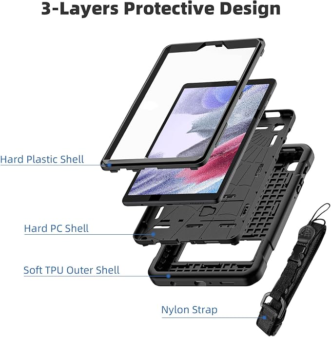 TSQQST Samsung Galaxy Tab A7 Lite Case 8.7 Inch 2021 for Kids | SM-T220/T225/T227 Full Body Protective Shockproof Rugged with Stand+Shoulder Strap Black