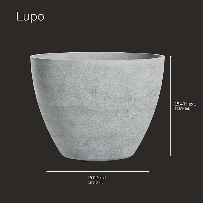Lupo Tapered Planter – Concrete Stone Finish – Fiberglass Indoor/Outdoor and Weather-Resistant Medium Planter (20" D x 15.4" H Exterior, 18.9" D x 14.8" H Interior)