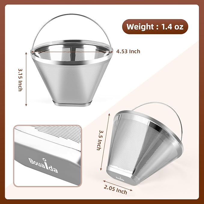 Bouaida 2Pk #4 Cone Reusable Coffee Filters, 304 Stainless Steel for Ninja