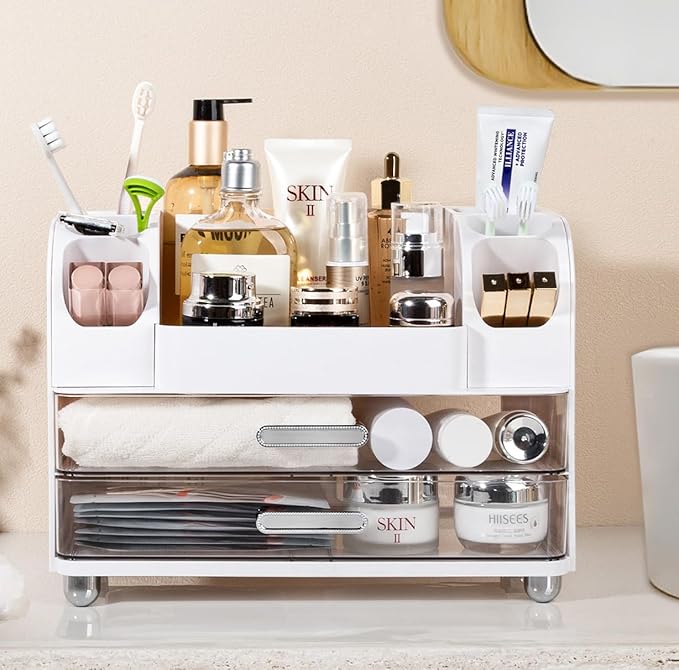 Anyoifax Makeup Organizer Countertop with Large Drawers, Vanity Organizer with Brush Holder, Skin Care Storage for Dresser, Perfume Organizer for Lotion, Lipsitck, Palette, White