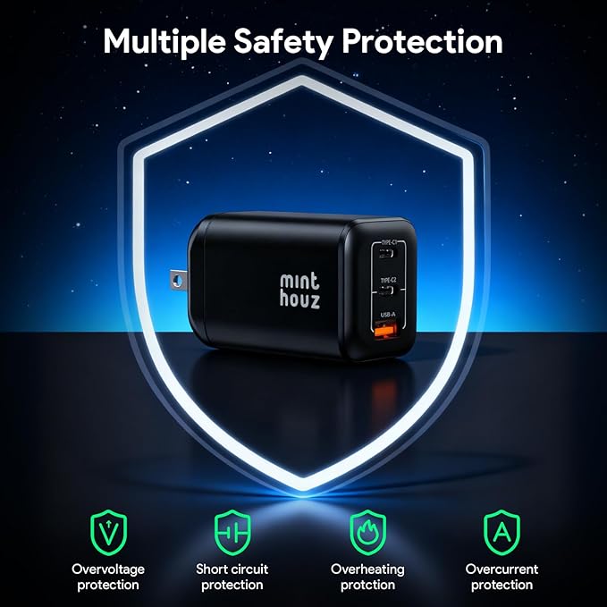 Minthouz 100W GaN Charger, 3-Port PD3.0 Fast Charging Station with Type-C & USB-A, Foldable Charger Block with 3.94FT Cable for MacBook Pro/Air, iPhone 17 16 15, Galaxy S24/S23, Pixel 8 and More