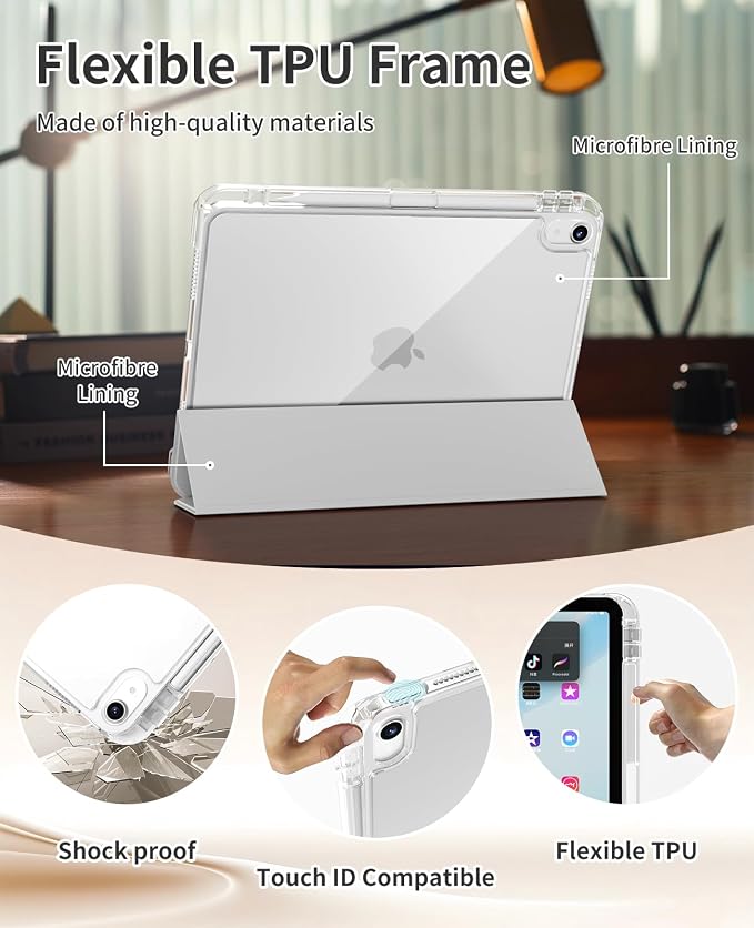 Case for iPad Air 11 M4/M3/M2 &amp iPad Air 5th/4th Gen 10.9-Black | For iPad Air 11 2026/2025/2024 &amp Air 10.9 2022/2020 2-in-1 Removable Transparent Back with Pencil Holder Auto Sleep/Wake