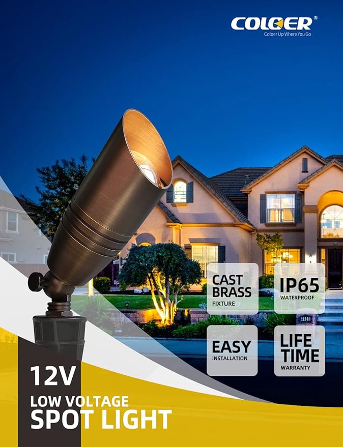 COLOER Die-cast Brass Landscape Spotlights Outdoor, 12V AC/DC Low Voltage Spotlight, IP65 Waterproof Landscape Lighting for Yard, Garden Patio Trees Spot Uplight(102B,6-Pack Without Bulb)