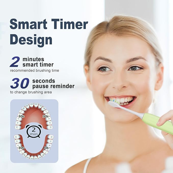 7AM2M Sonic Electric Toothbrush for Adults and Kids, with 8 Brush Heads and Travel Case,5 Modes with 2 Minutes Built in Smart Timer, One Charge Use for 90 Days, Rechargeable Toothbrushes (Light Green)