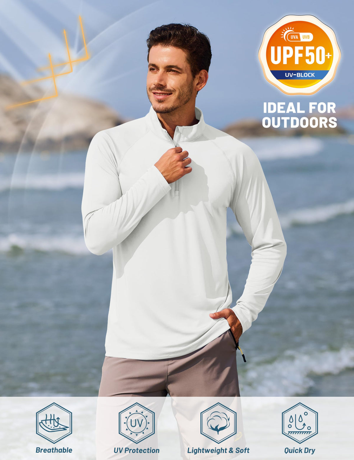 TACVASEN Men's White Medium 1/4 Zip Long Sleeve Sun Protection Shirt