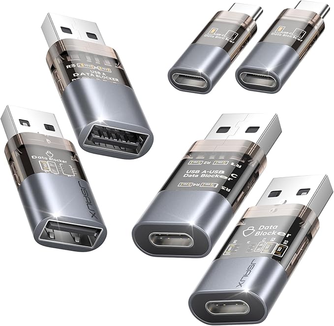 JSAUX USB Data Blocker &amp USB C Data Blocker Charge-Only Grey 6-Pack | Data Blocker for Public Charging Juice Jacking Protection Transparent Shell Travel-Ready
